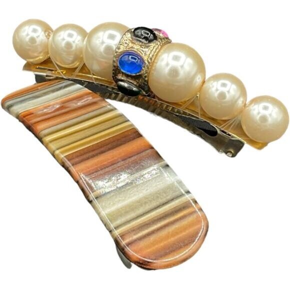 Vintage Pearl & Striped Hair Barrettes Set - Picture 1 of 7